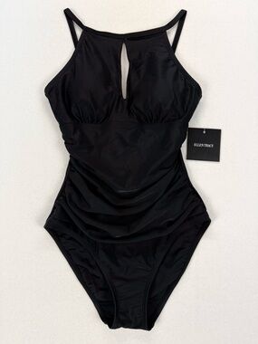 Ellen Tracy NWT Black Ruched One Piece Swimsuit Tummy Control Slimming Classic